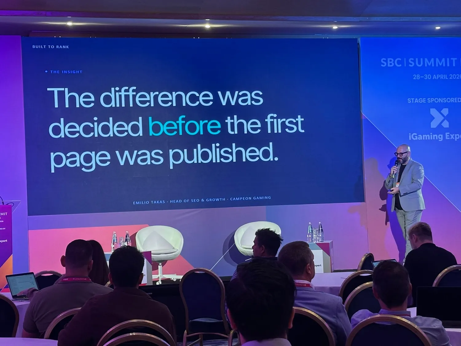 Emilio Takas presenting Built to Rank at SBC Summit